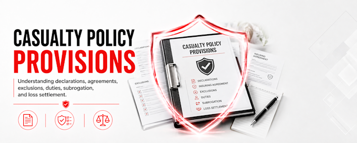 Learn how casualty policy provisions work, including declarations, insuring agreements, conditions, exclusions, definition of the insured, duties after a loss, notice of claim, proof of loss, other insurance, subrogation, supplementary payments, loss settlement, and TRIA.
