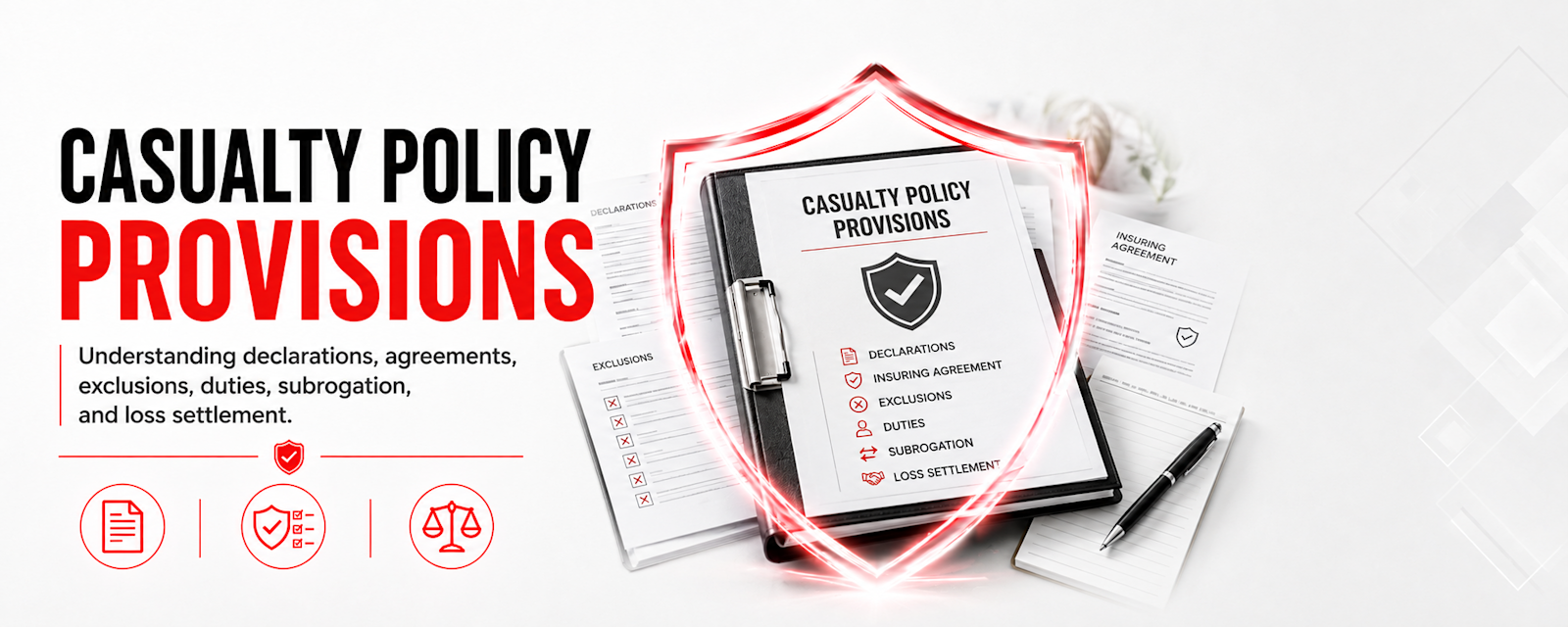 Learn how casualty policy provisions work, including declarations, insuring agreements, conditions, exclusions, definition of the insured, duties after a loss, notice of claim, proof of loss, other insurance, subrogation, supplementary payments, loss settlement, and TRIA.