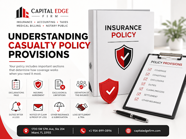 Learn how casualty policy provisions work, including declarations, insuring agreements, conditions, exclusions, definition of the insured, duties after a loss, notice of claim, proof of loss, other insurance, subrogation, supplementary payments, loss settlement, and TRIA.