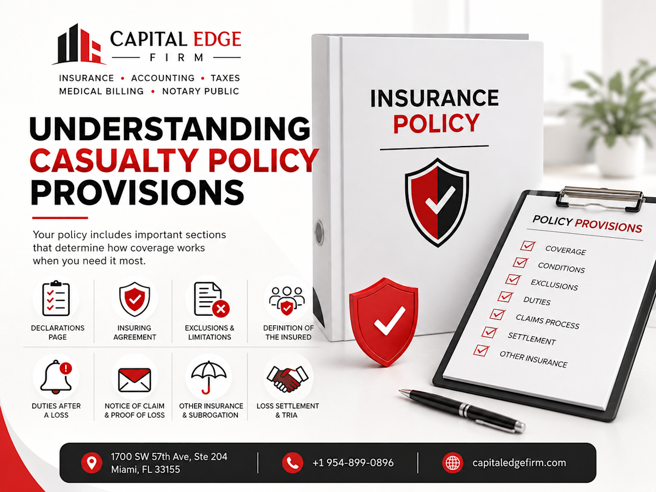 Learn how casualty policy provisions work, including declarations, insuring agreements, conditions, exclusions, definition of the insured, duties after a loss, notice of claim, proof of loss, other insurance, subrogation, supplementary payments, loss settlement, and TRIA.