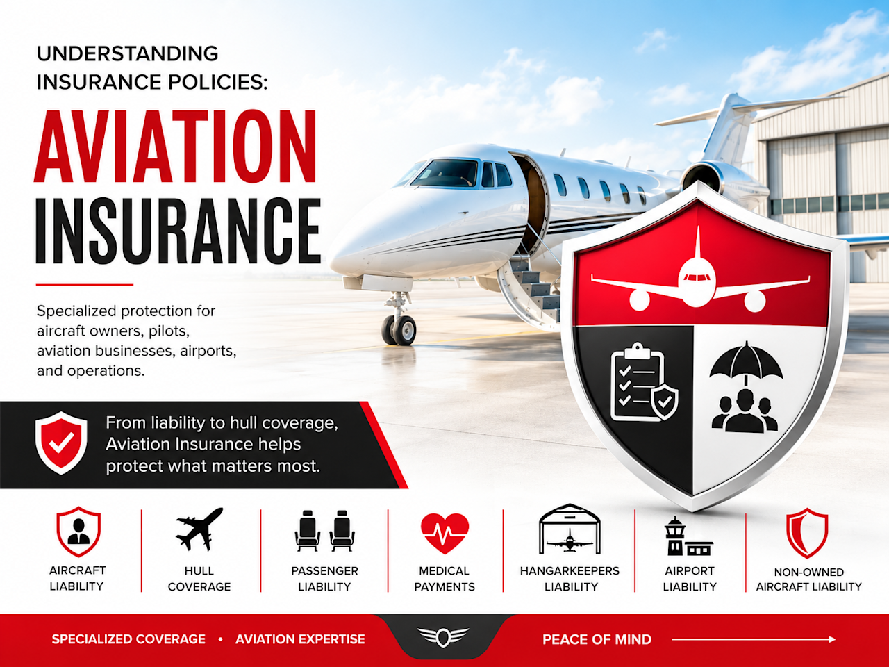 Learn how Aviation Insurance works, including aircraft liability, hull coverage, passenger liability, medical payments, non-owned aircraft, hangarkeepers liability, airport liability, and aviation business risks.