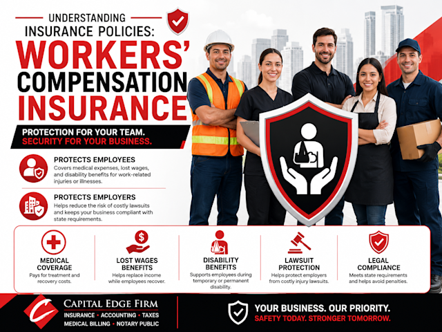 Employees and business owner protected by a red, black, and white insurance shield representing workers’ compensation insurance coverage.