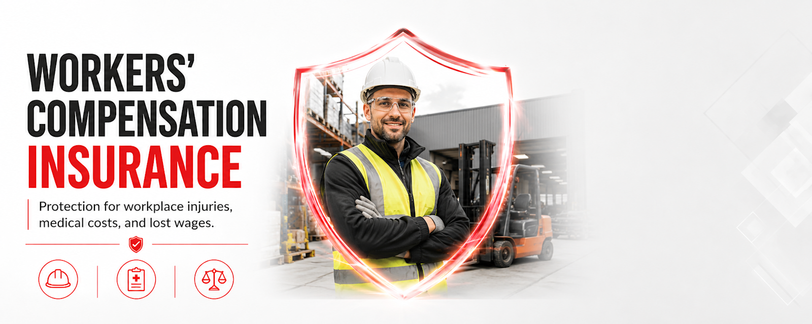 Employees and business owner protected by a red, black, and white insurance shield representing workers’ compensation insurance coverage.