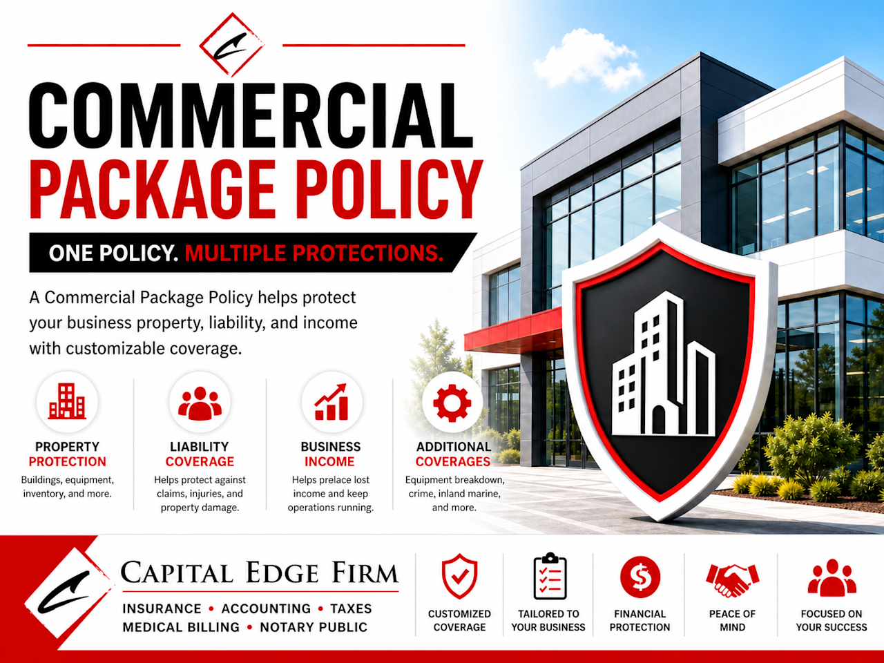 Business building protected by a red, black, and white insurance shield representing commercial package policy coverage.
