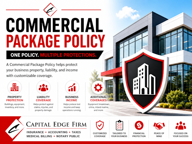 Business building protected by a red, black, and white insurance shield representing commercial package policy coverage.