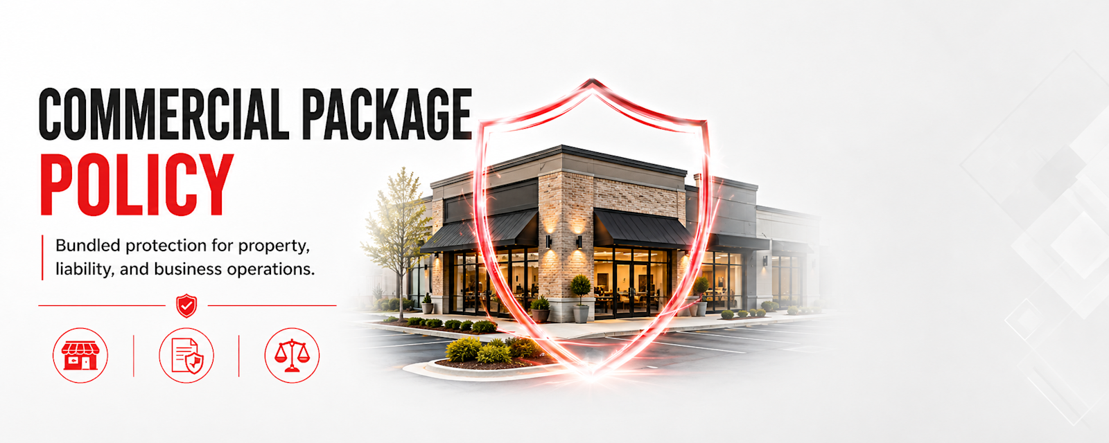Business building protected by a red, black, and white insurance shield representing commercial package policy coverage.