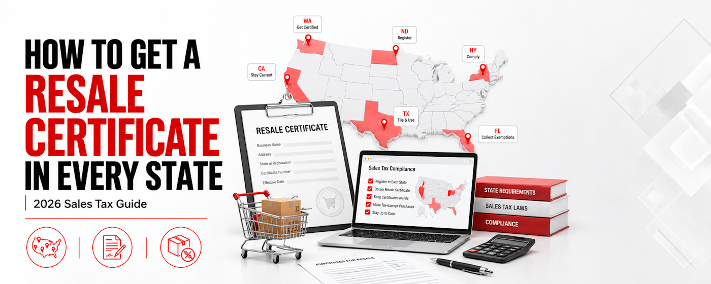 Resale certificate infographic for 2026 showing state-by-state sales tax compliance, resale documentation, registration requirements, multistate certificates, and tax-exempt inventory purchases across the United States.