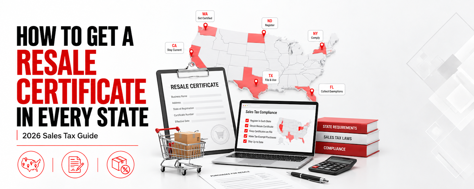 Resale certificate infographic for 2026 showing state-by-state sales tax compliance, resale documentation, registration requirements, multistate certificates, and tax-exempt inventory purchases across the United States.