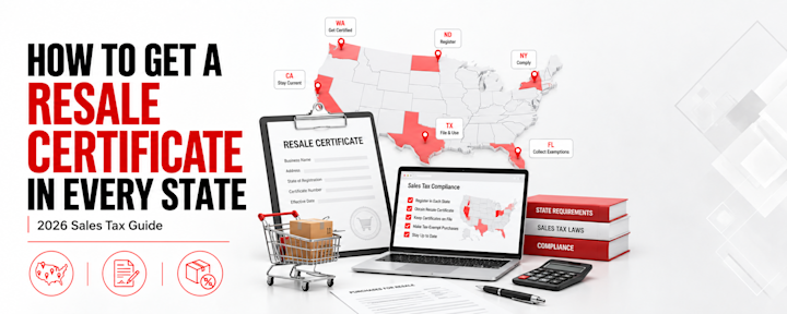 Resale certificate infographic for 2026 showing state-by-state sales tax compliance, resale documentation, registration requirements, multistate certificates, and tax-exempt inventory purchases across the United States.