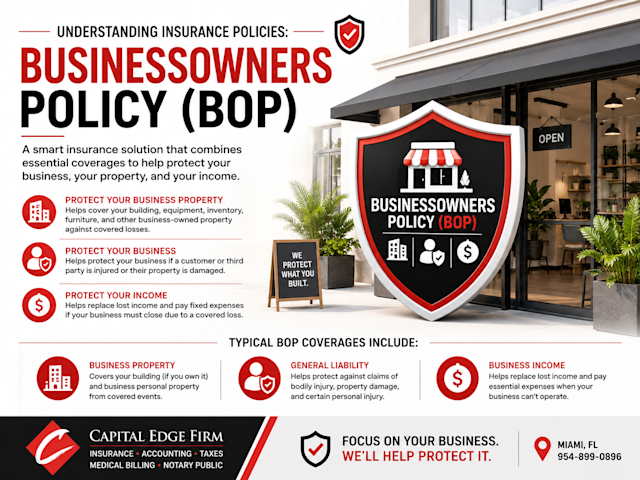 Small business protected by a red, black, and white insurance shield representing Businessowners Policy coverage.