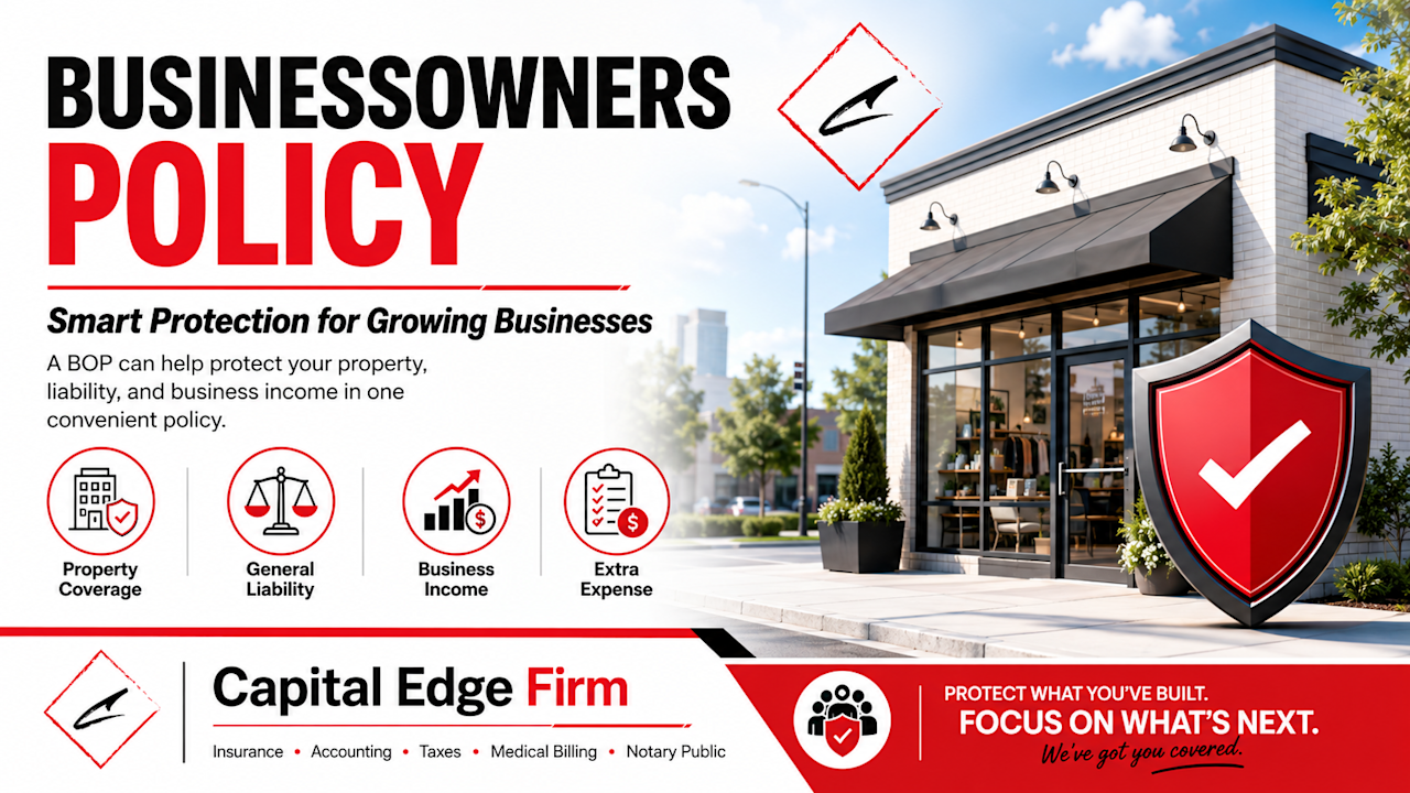 Small business protected by a red, black, and white insurance shield representing Businessowners Policy coverage.