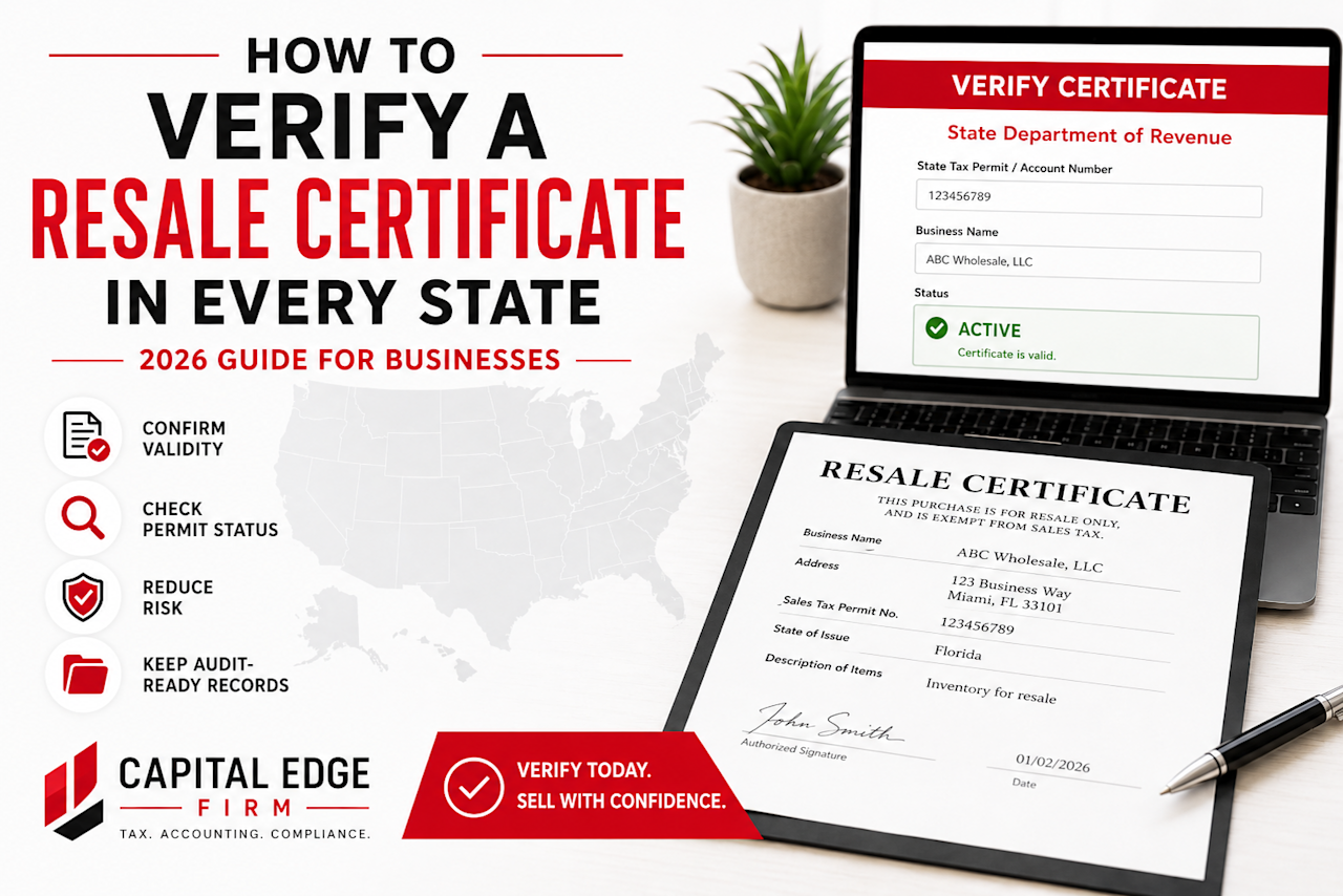 Capital Edge Firm guide to verifying resale certificates and sales tax permits across the United States, helping businesses confirm validity, reduce compliance risk, and maintain audit-ready records.