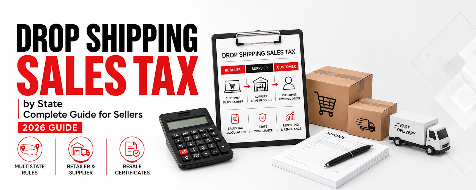 Drop shipping sales tax infographic for 2026 explaining multistate sales tax rules, retailer and supplier responsibilities, resale certificates, economic nexus, and ecommerce tax compliance.