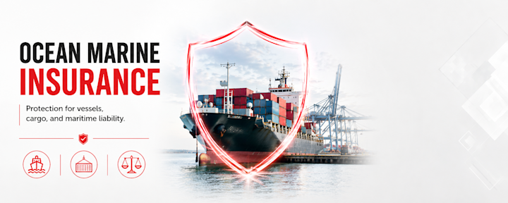 Commercial cargo ship and marine business assets protected by a red, black, and white insurance shield representing Ocean Marine Insurance.