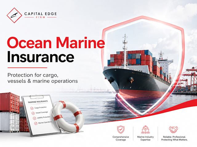 Commercial cargo ship and marine business assets protected by a red, black, and white insurance shield representing Ocean Marine Insurance.