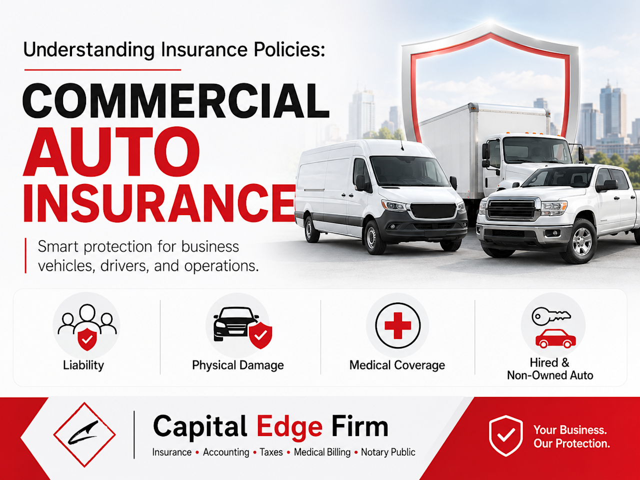 Learn how Commercial Auto Insurance works, including liability, physical damage, PIP, medical payments, uninsured motorist, hired auto, non-owned auto, business use, and vehicle coverage gaps.