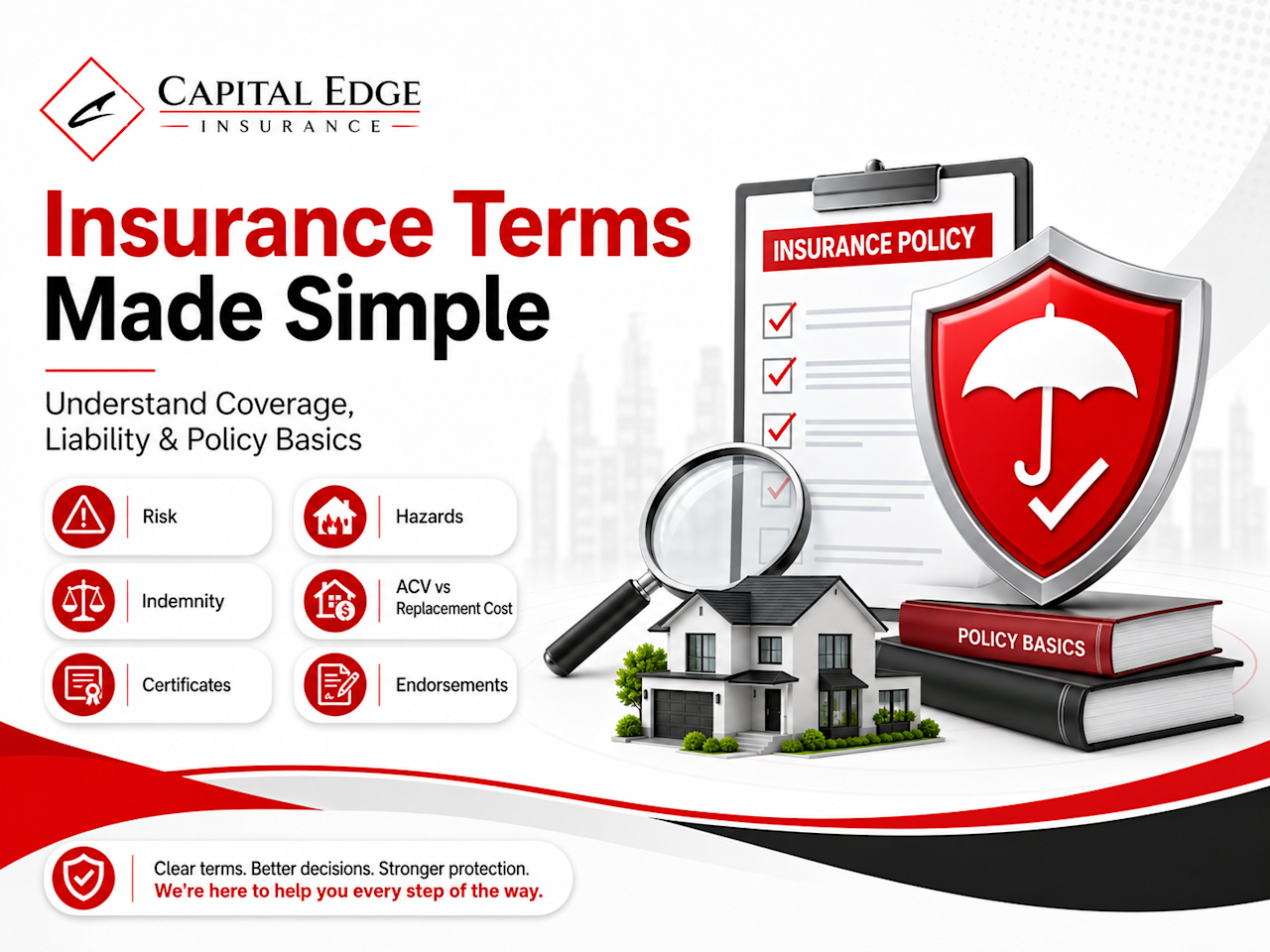 Learn key insurance terms every policyholder should understand, including risk, hazards, indemnity, insurable interest, actual cash value, replacement cost, negligence, liability, occurrence, binders, endorsements, certificates, audits, and damages.