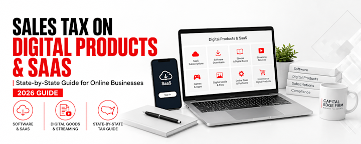 2026 sales tax infographic for digital products and SaaS, featuring software subscriptions, downloadable software, ebooks, streaming services, apps, digital media, ecommerce products, and state-by-state tax compliance for online businesses.