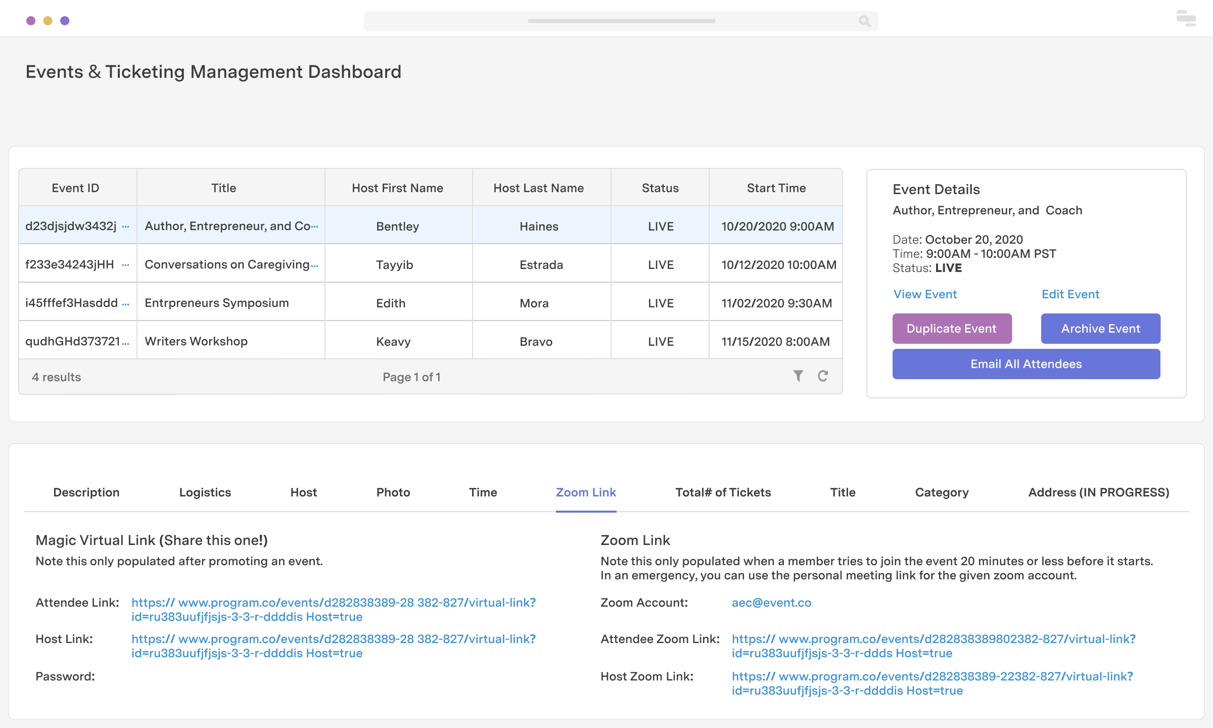 Virtual event ticketing dashboard