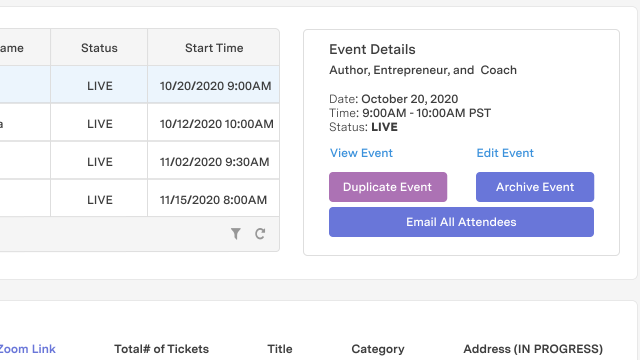 feature for Virtual event ticketing dashboard