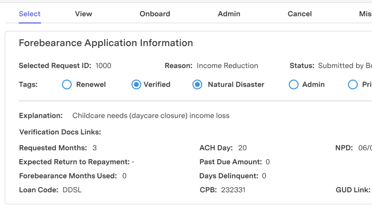 feature for Forbearance application processor