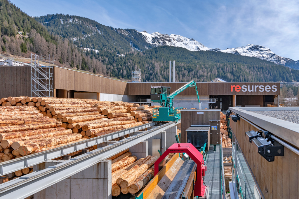 Holzstapel in Schneelandschaft im Val Surses