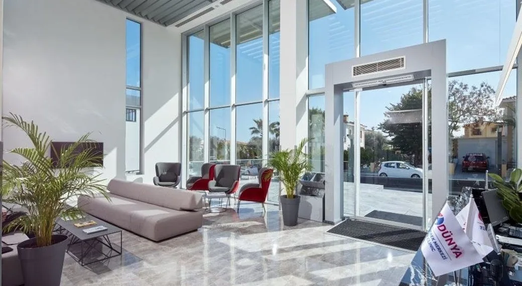 The modern reception area at Dunya IVF Clinic in Cyprus.