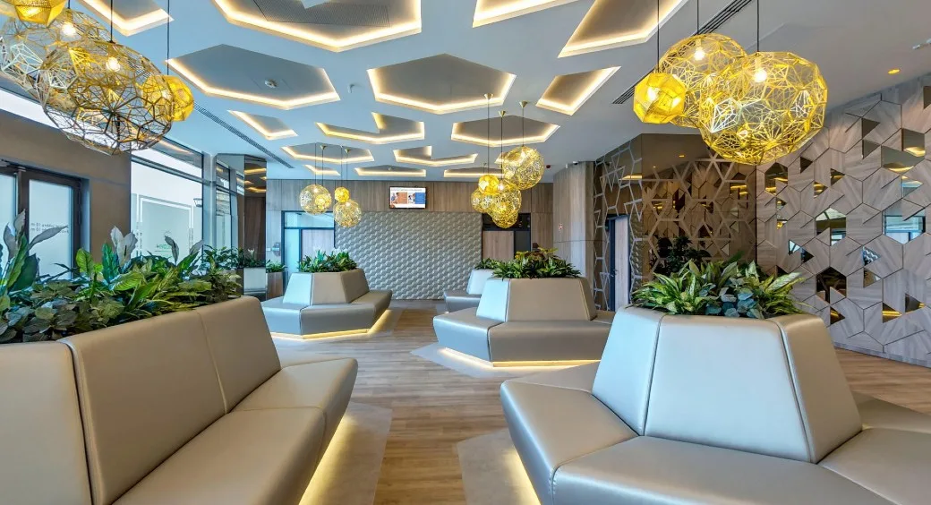 Modern waiting area at MDental Clinic in Budapest, Hungary.