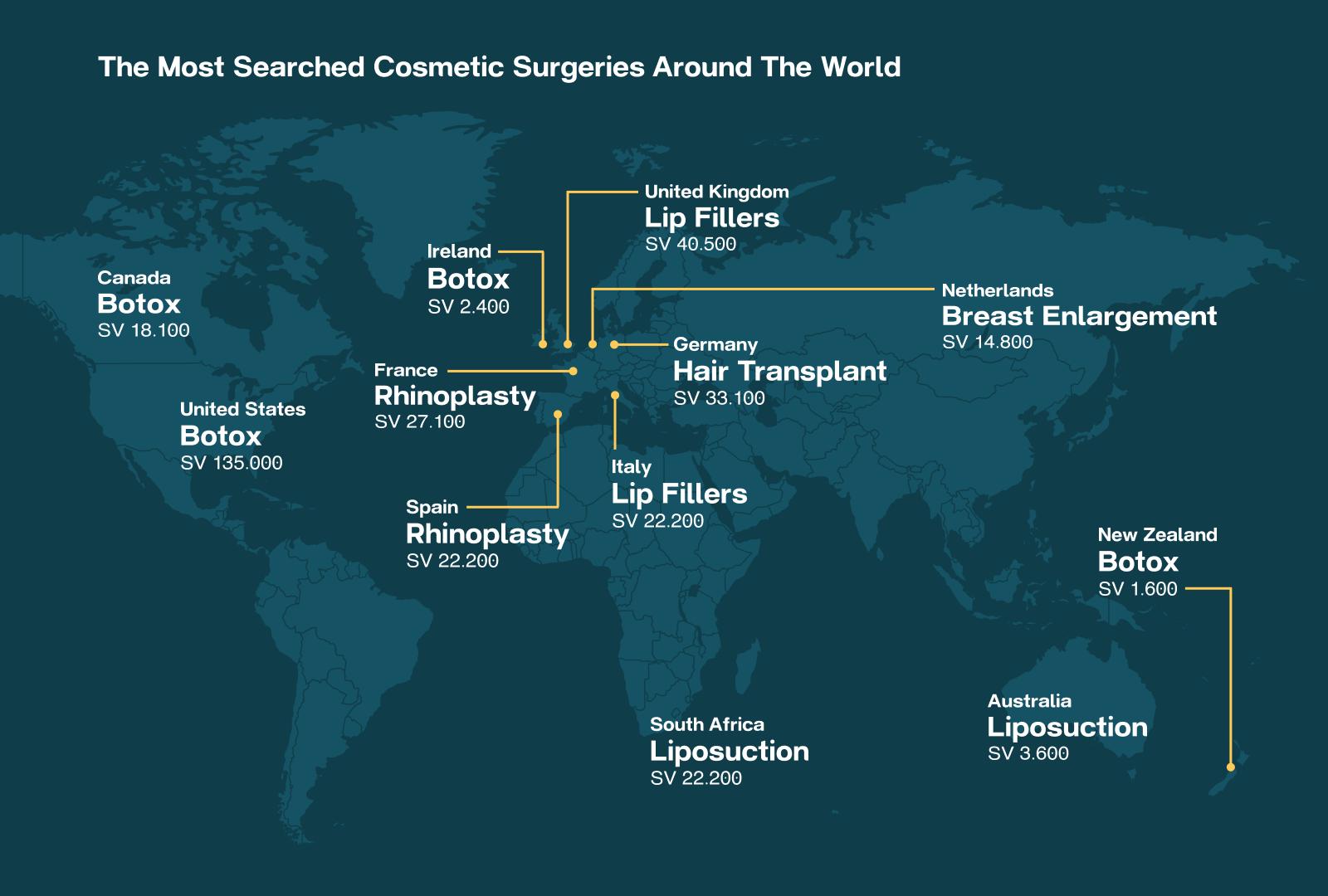 Map of the most popular cosmetic surgeries around the world 
