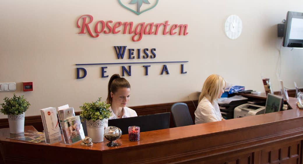 Reception at Rosengarten Weiss Dental Clinic in Sopron, Hungary. 