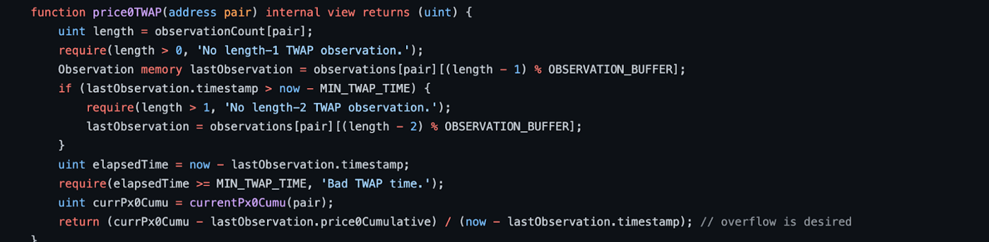 A screenshot of code detailing the mechanics of the TWAP manipulation that affected Inverse Finance DAO. 