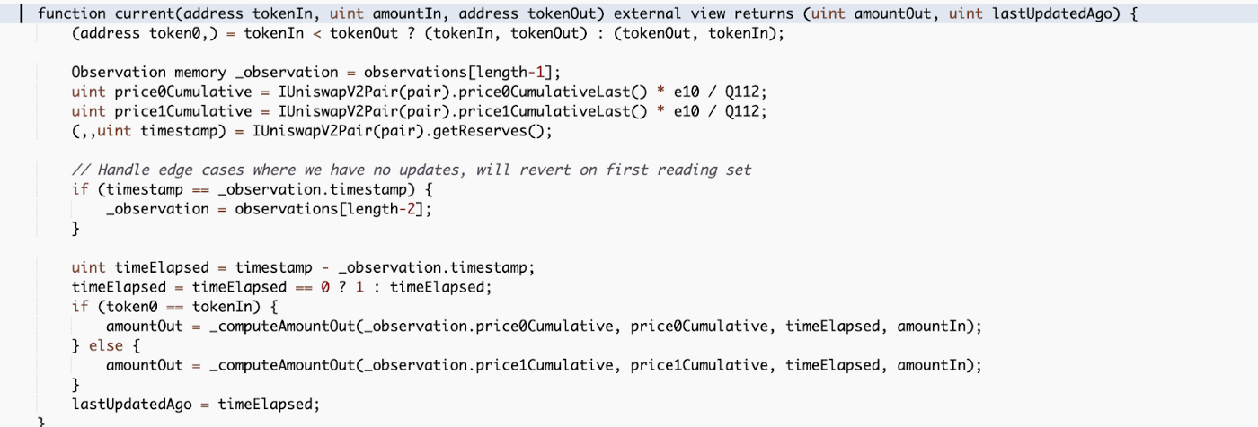 A screenshot of code detailing the mechanics of the TWAP manipulation that affected Inverse Finance DAO.