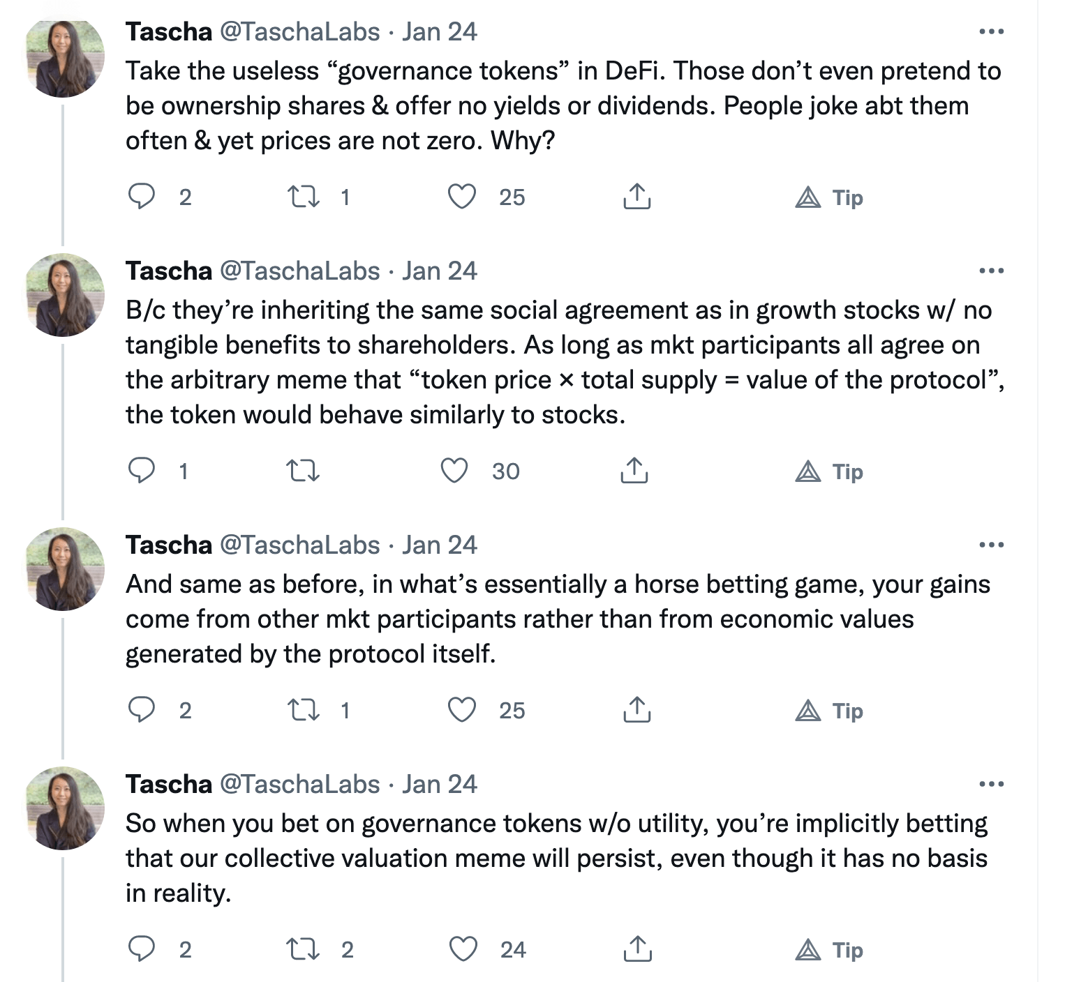 A series of tweets from Tascha explaining how crypto is full of zero sum games and unbeknownst to many investors in crypto, they are playing zero sum games. 