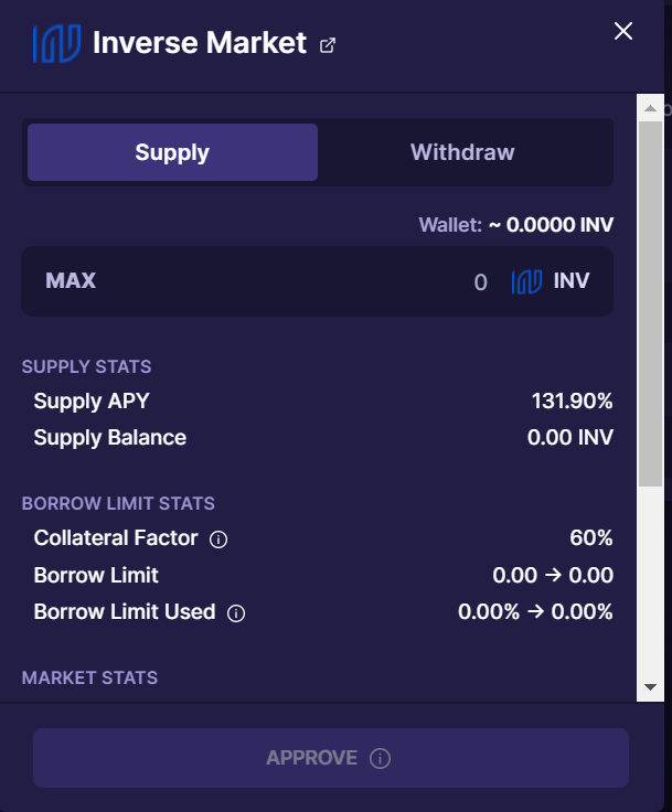 INV is Inverse Finance’s governance token which provides accelerated staking rewards along with the continued ability to use INV as collateral to borrow DOLA as well as for voting purposes and revenue sharing (TBD). This image depicts the Inverse Finance app and the process for supplying or withdrawing inverse. 