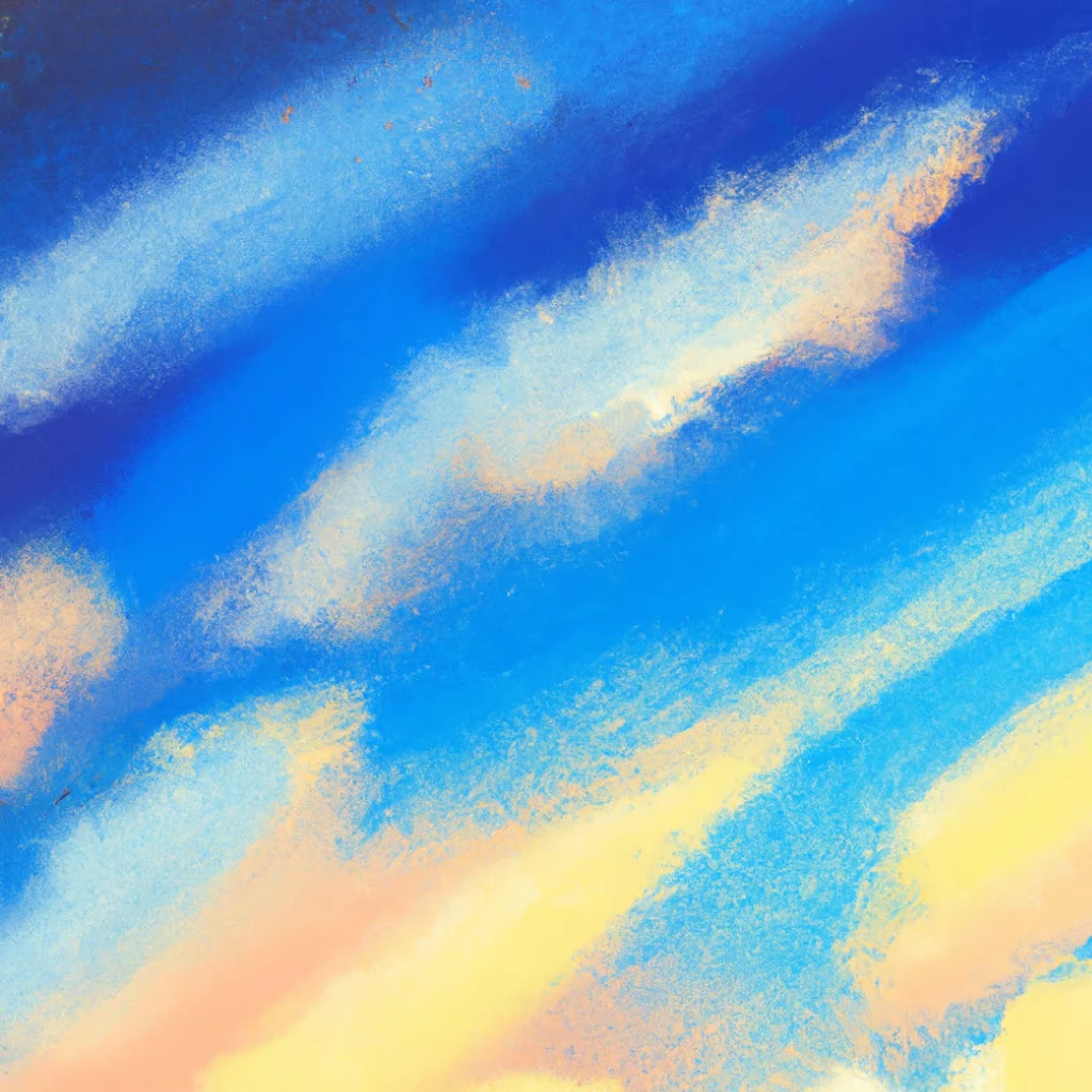 A textured, pastel drawing of a sky with sweeping blue clouds tinged with yellow and pink hues, suggesting a vibrant sunrise or sunset.