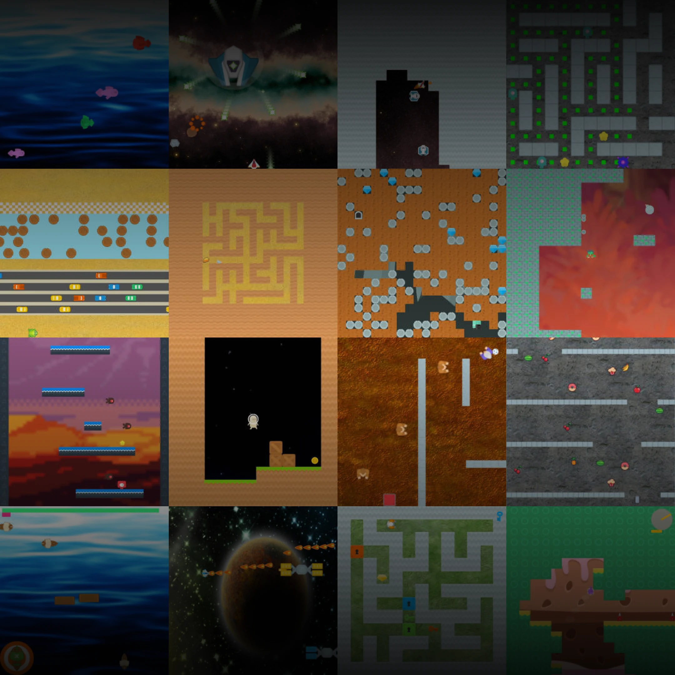 A colorful collage of square-dimension 2D maze game interfaces