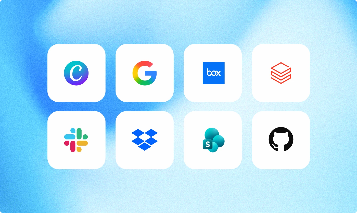 Grid of integration logos including Canva, Google, Box, Databricks, Slack, Dropbox, SharePoint, and GitHub on a blue gradient background.