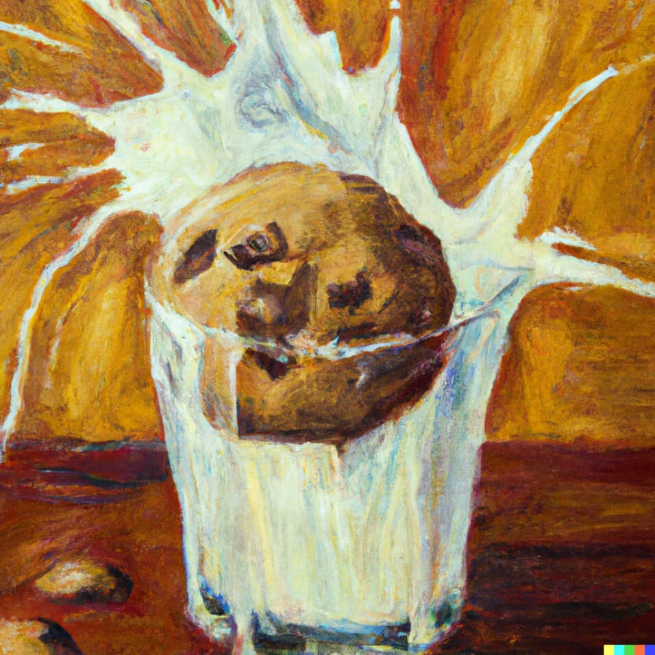 An expressive painting of a chocolate chip cooking being dunked in a glass of milk. It sits next to an image created by Dall-E 3 depicting the same thing.