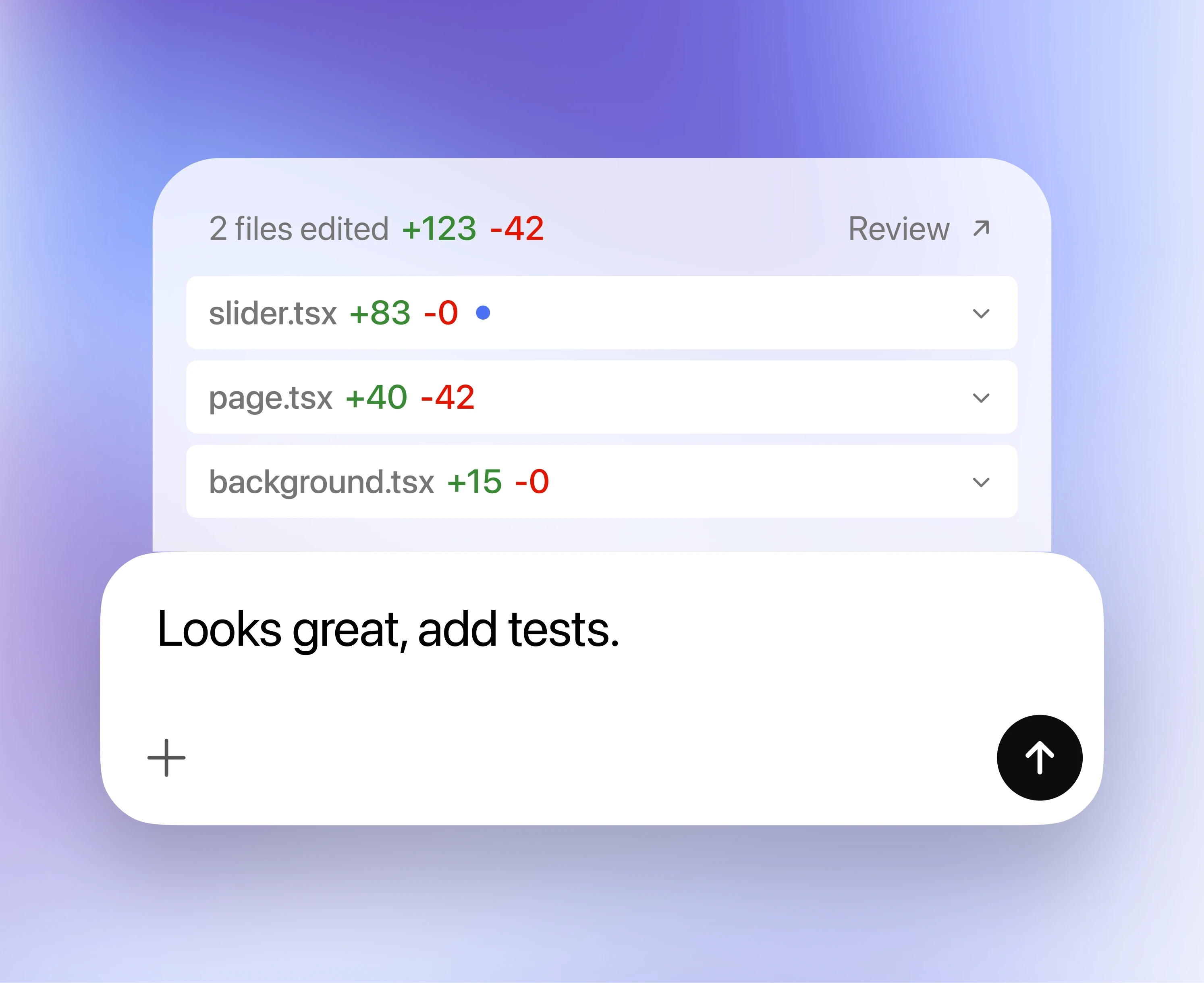 Codex code review showing edited files and a request to add tests.