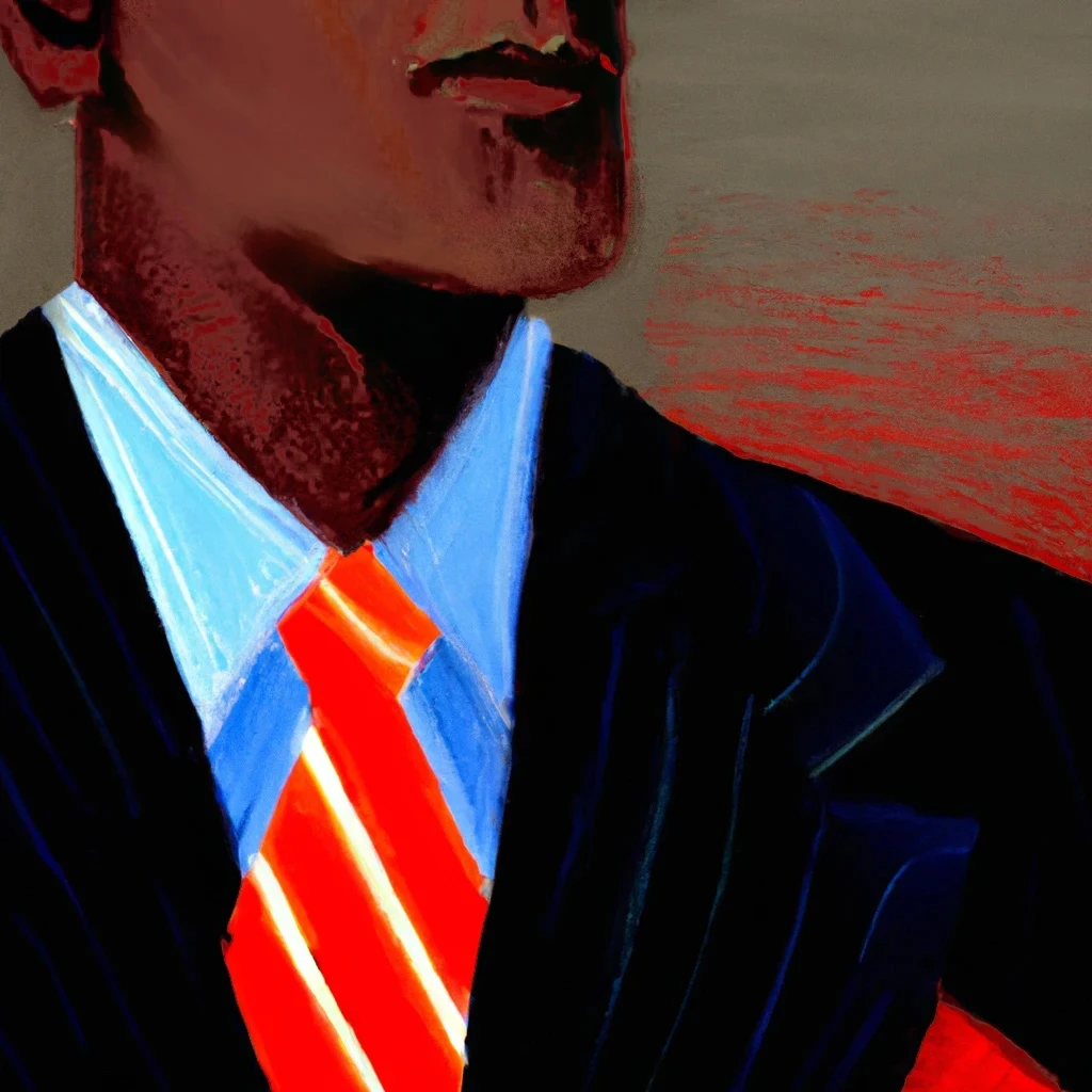 A portrait of a person wearing a business suit and striped red tie, generated by DALL·E 2