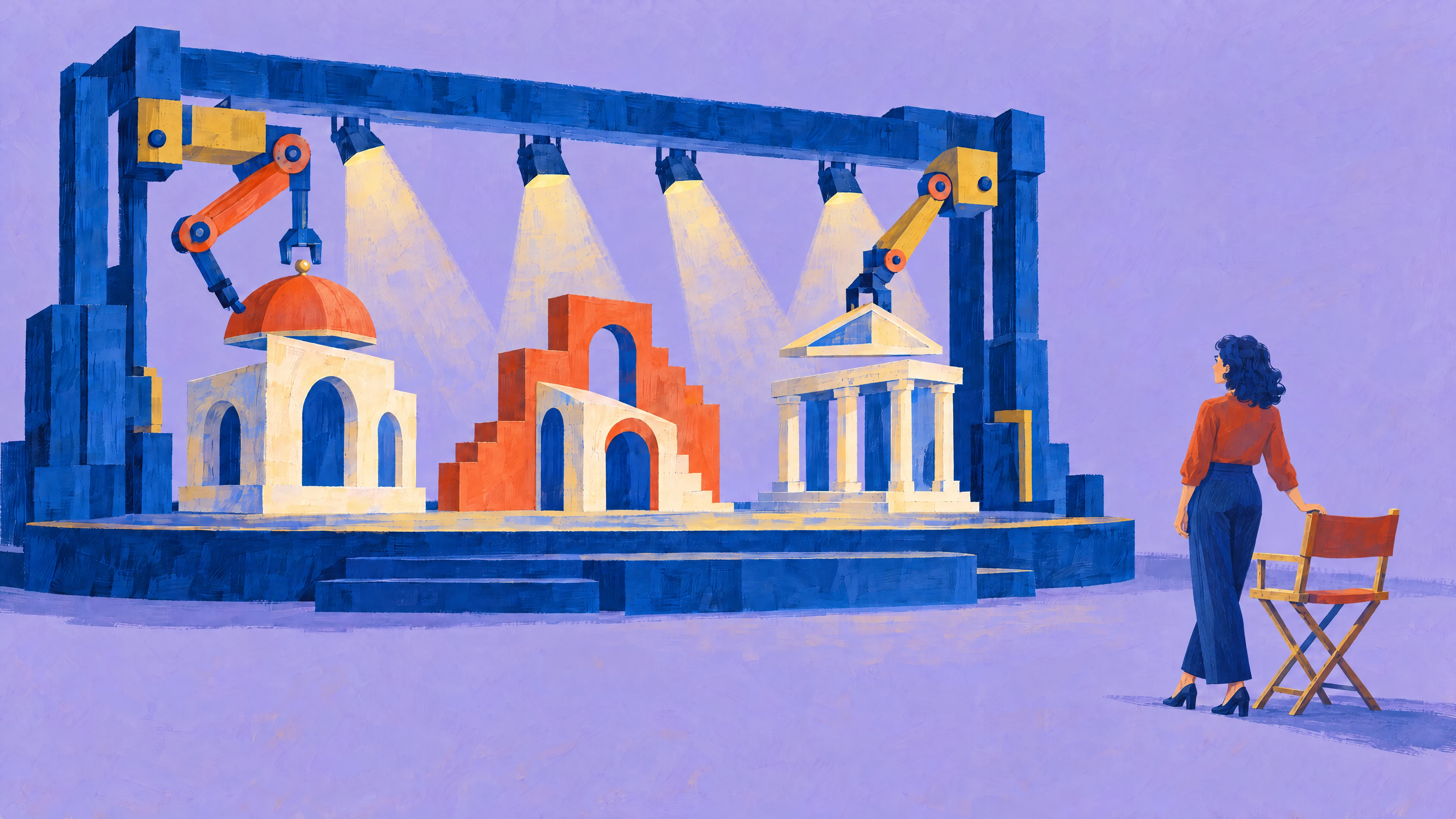 Image 15: A director sits in front of robot arms constructing a colorful architectural scene.