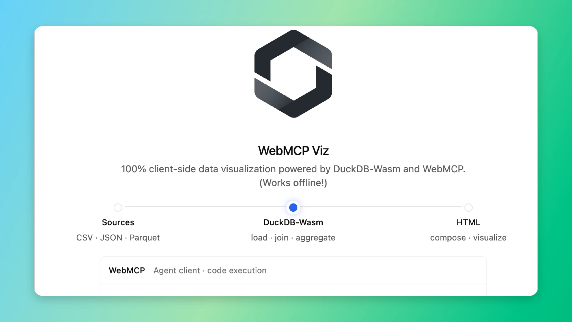 Screenshot of the Duckboard data exploration WebMCP example app, showing DuckDB-Wasm data sources and browser visualizations on the neutral showcase wallpaper.