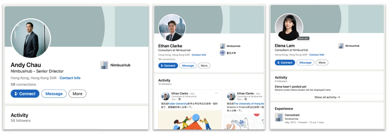 Screenshots of LinkedIn profiles affiliated with Nimbus Hub Consulting.