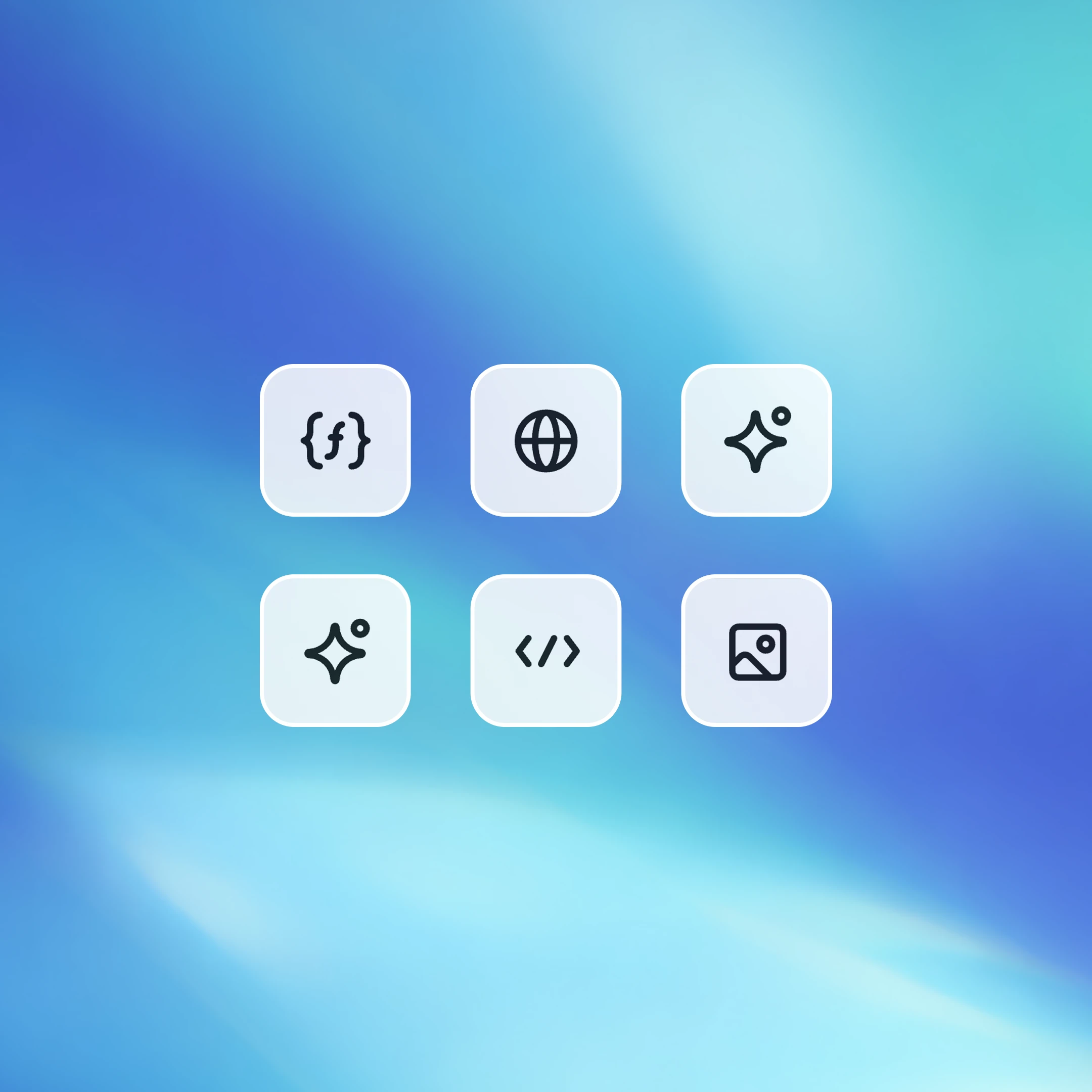Six rounded square tool icons on a blue gradient background, including code, globe, sparkle, and image symbols.