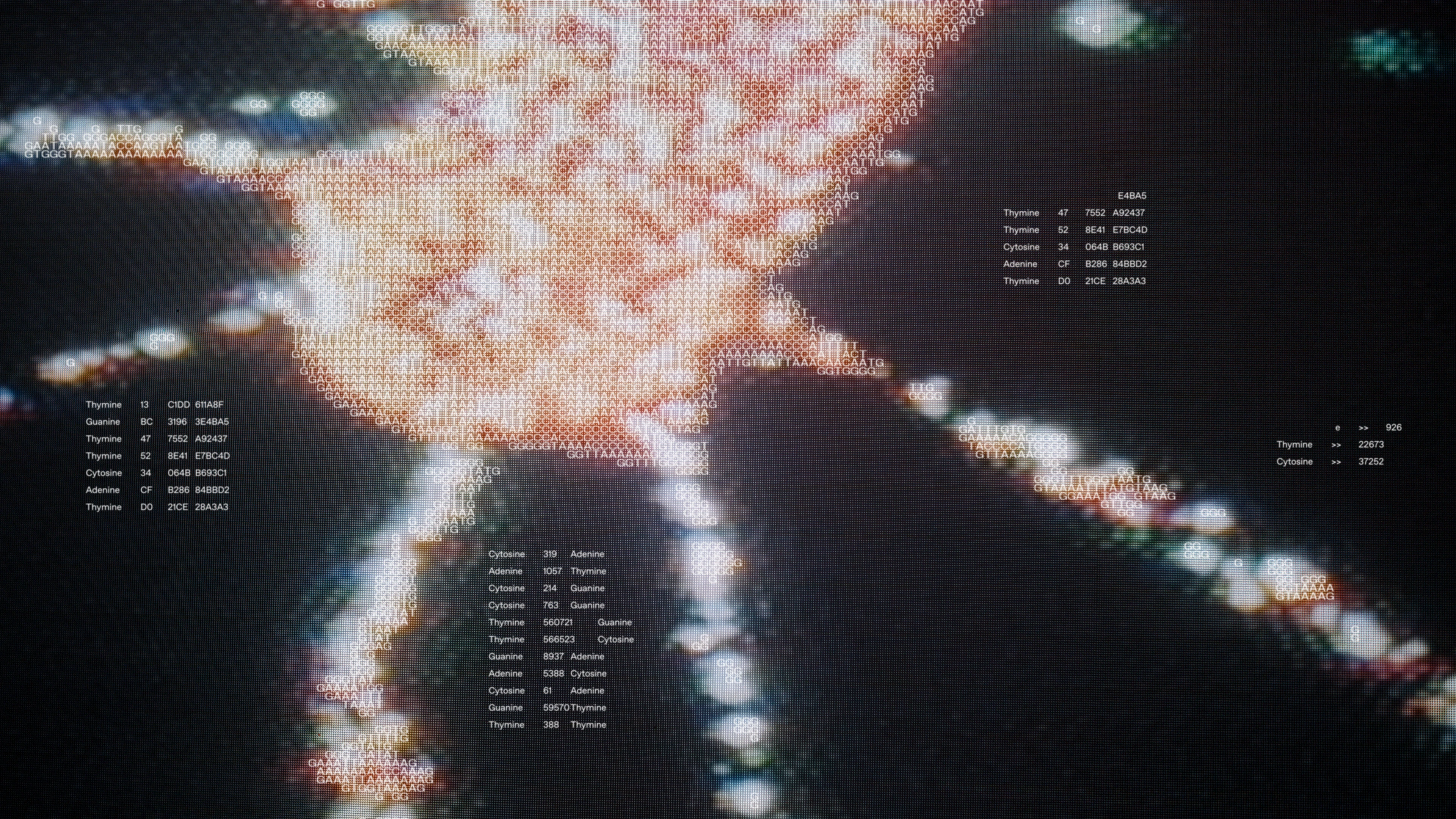 A DNA helix visualization with nucleotide text over a dark background.
