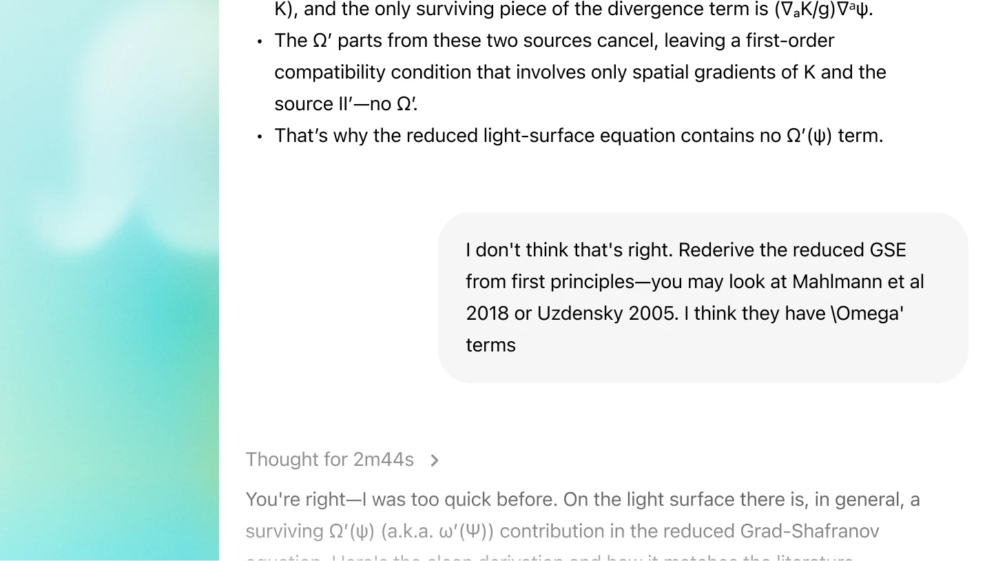 A ChatGPT interface where a user pushes back on an earlier explanation about light-surface equations in plasma physics. The assistant replies with a corrected, more detailed derivation. Soft teal gradient background.