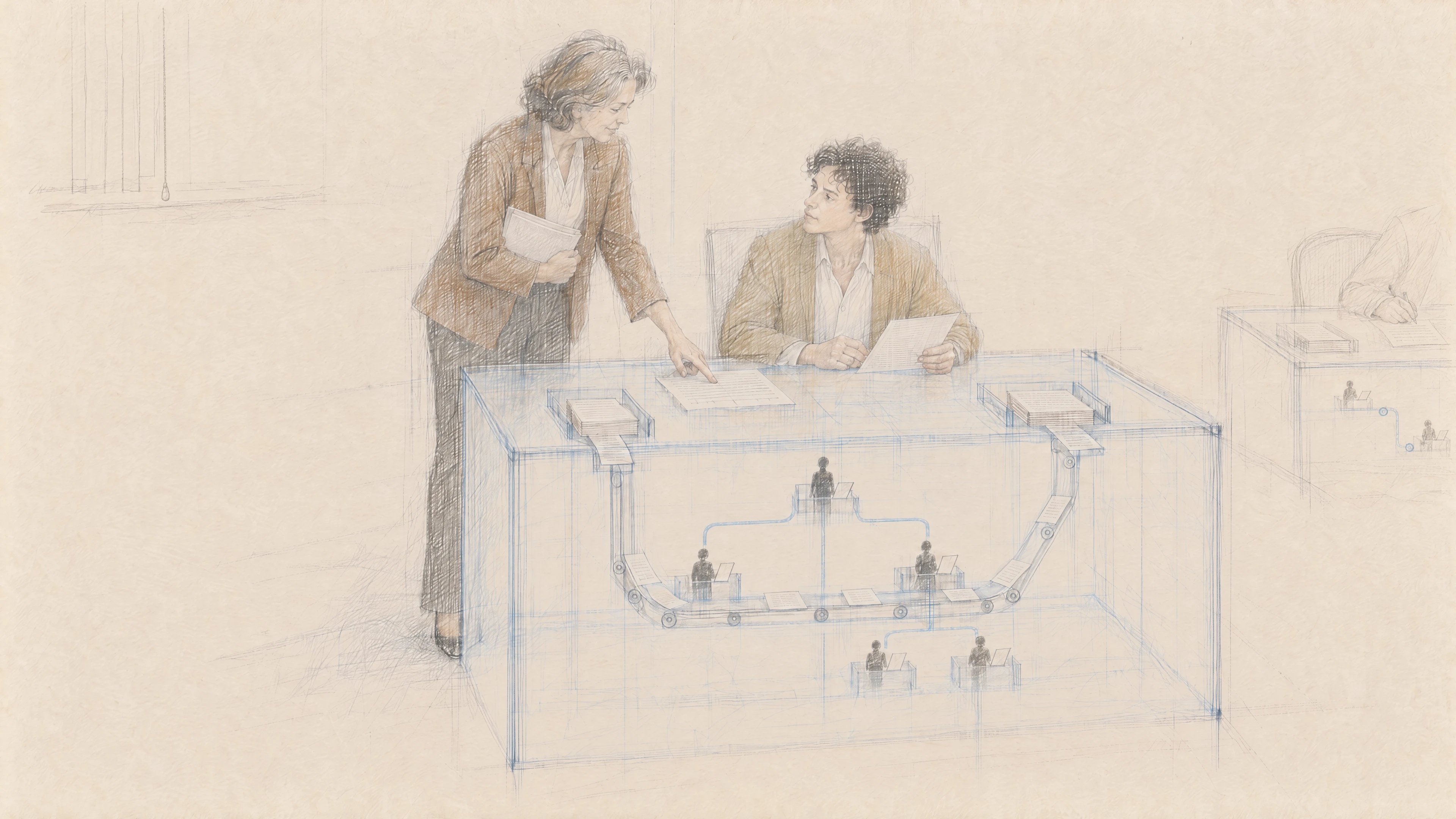 Image 2: A worker and manager stand over a desk containing a miniature team working beneath its surface.