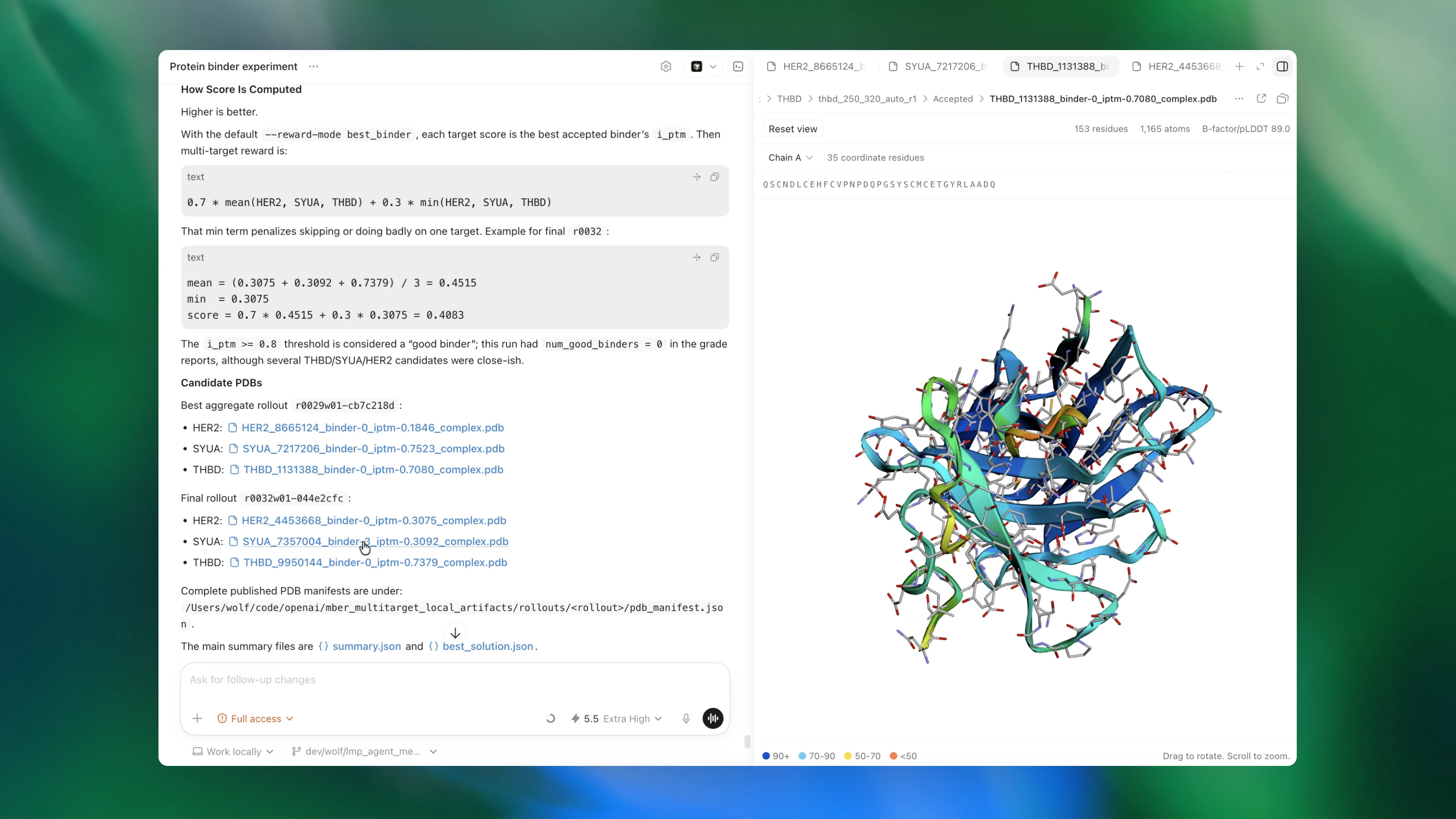 Screen showing a protein binder experiment summary including a scoring formula, example calculations, PDB file links, and a 3D protein structure model with color-coded B-factor values on the right.