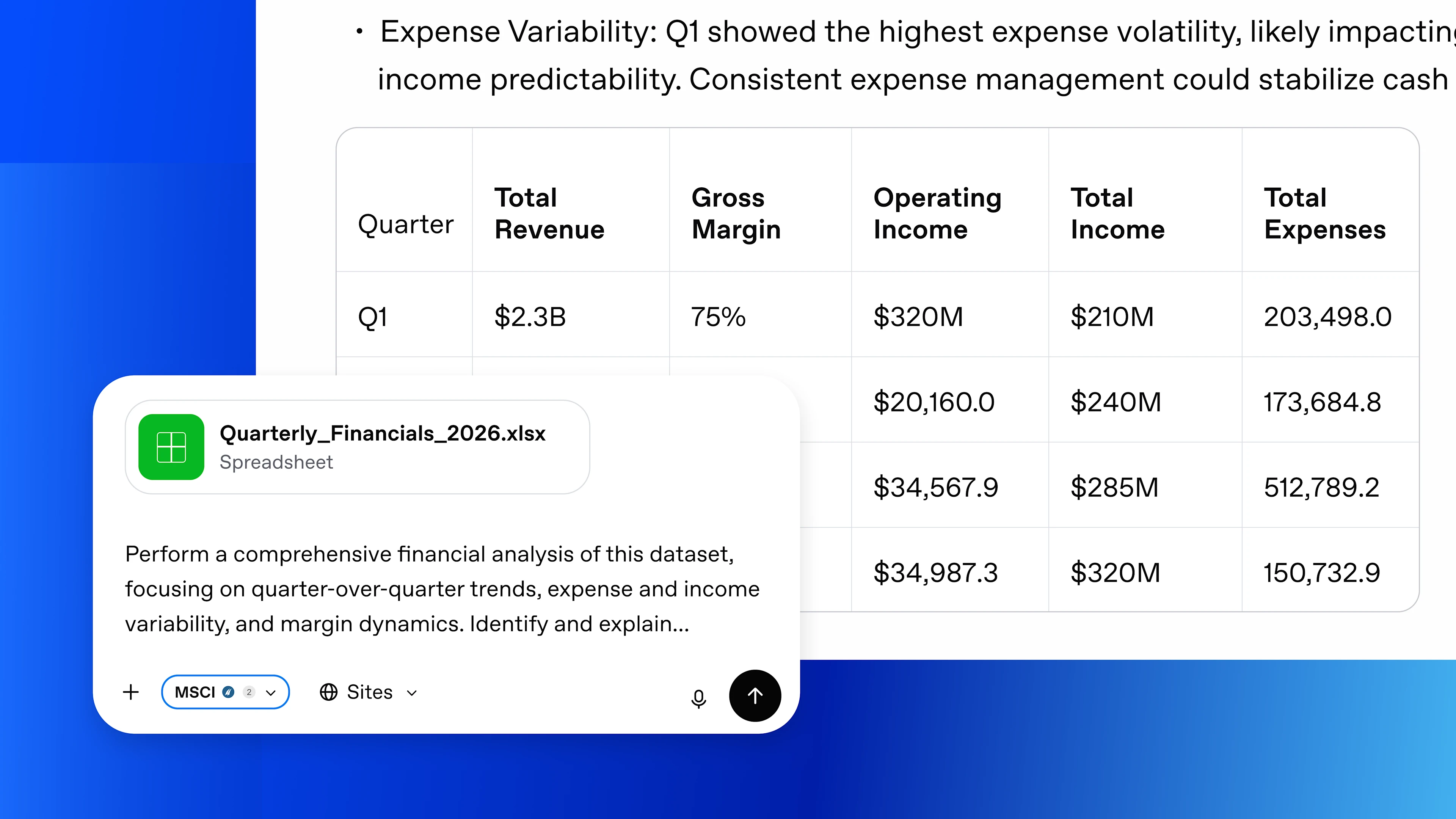 ChatGPT uses a finance connector to analyze a quarterly financial spreadsheet.