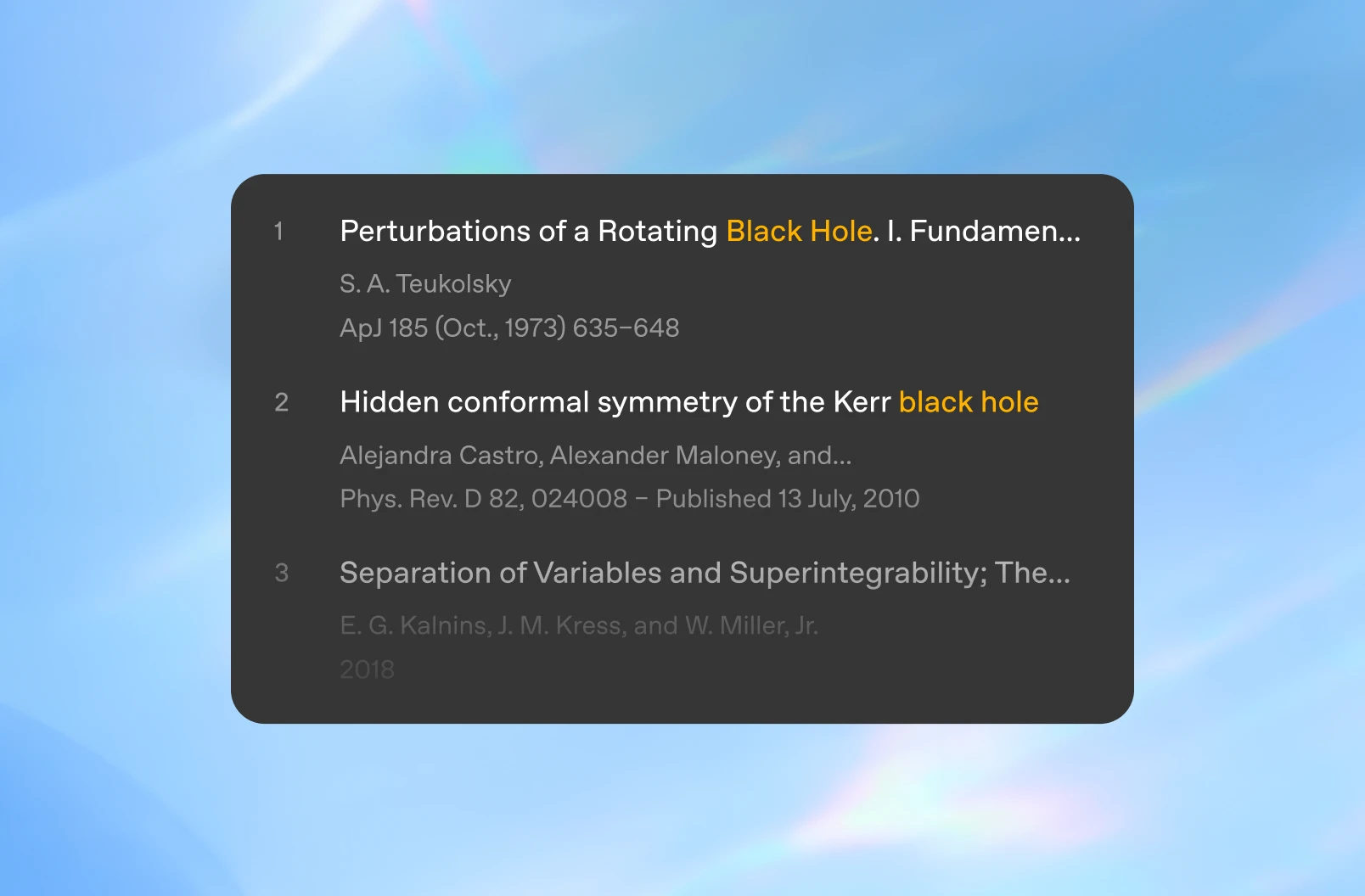 Dark overlay panel displaying a list of academic literature search results, with paper titles, authors, publication year, and journal names, and highlighted author name matches, shown against a soft blue gradient background.
